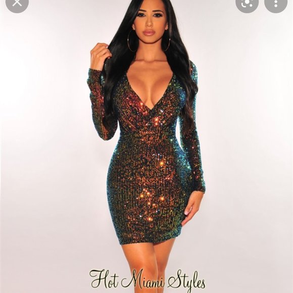 Hot Miami Styles Long Sleeve Mini Sequin Dress - Picture 1 of 4